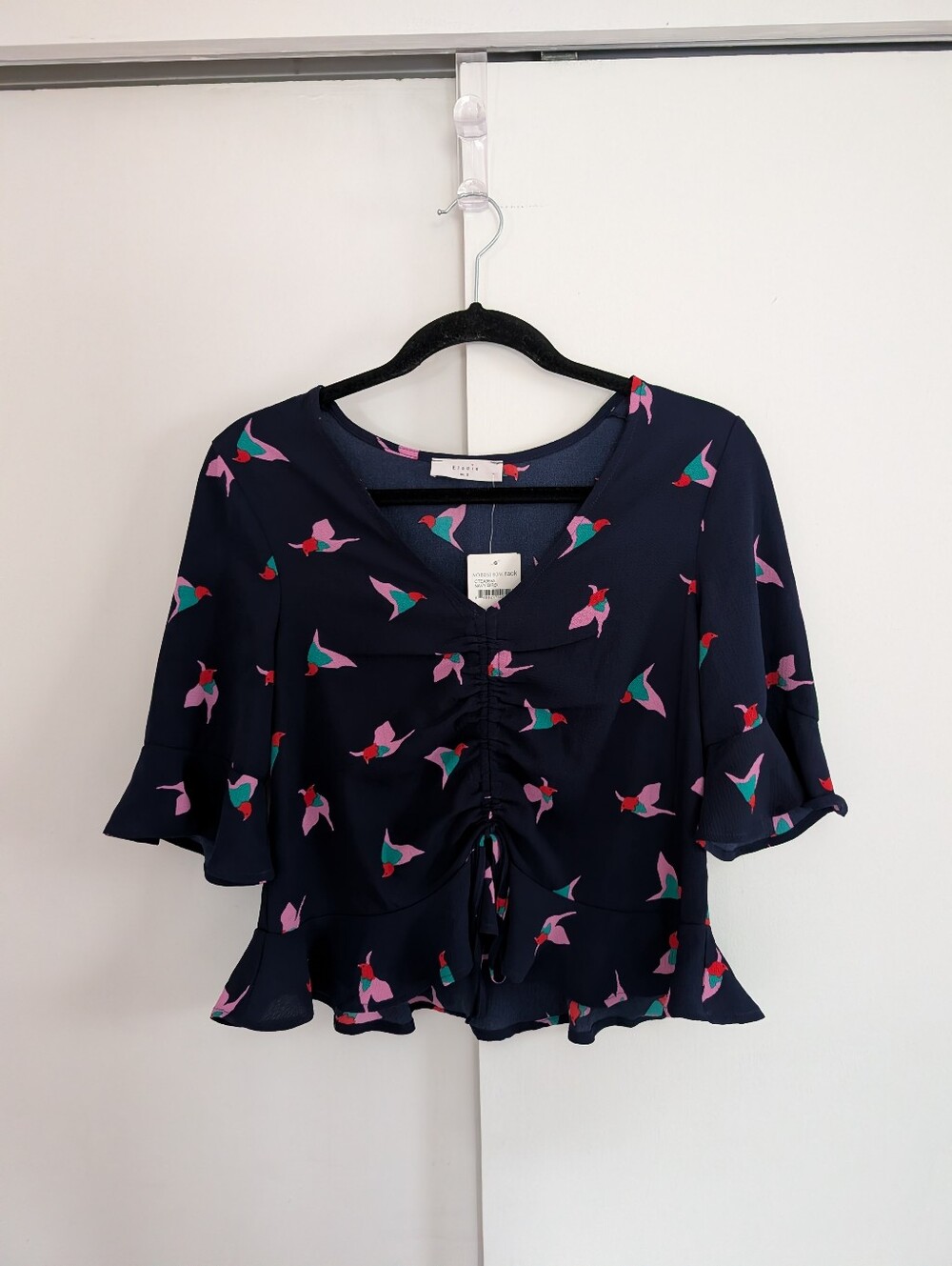 Elodie Navy Floral Tie-Front Ruffle Bird Top Size Small Red, Pink And Teal